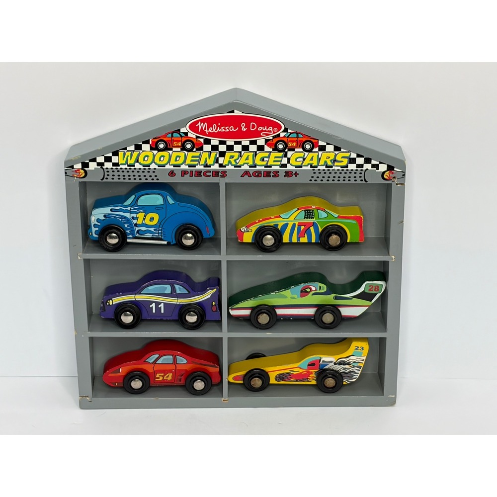 Melissa & Doug Wooden Race Cars 6 Piece Set with Display Shelf 682 Toy Vehicles